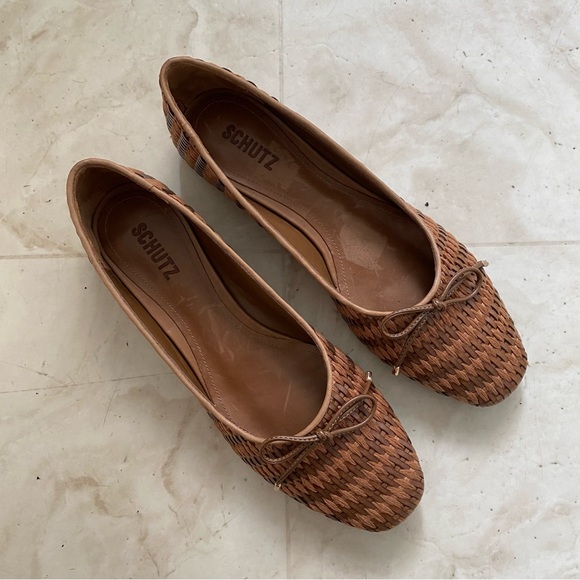 $128 SCHUTZ Arissa Brown Leather Straw Woven Tie Slip-on Ballet Flats Size 9.5B - Picture 4 of 12